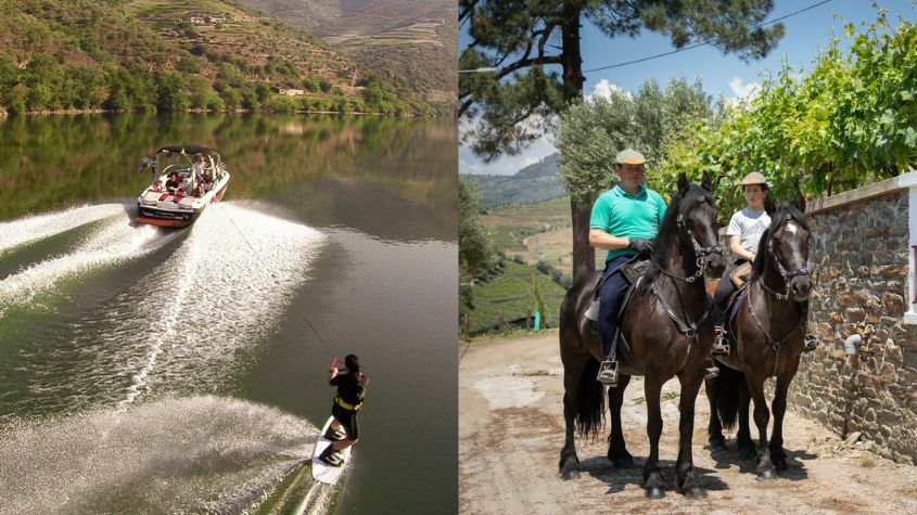Water activities on the Douro River and tourists on a horseback ride