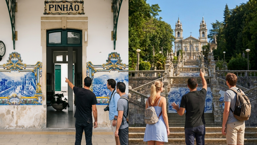 Guide with tourists at Pinhão Station and the Sanctuary of Lamego in the Douro