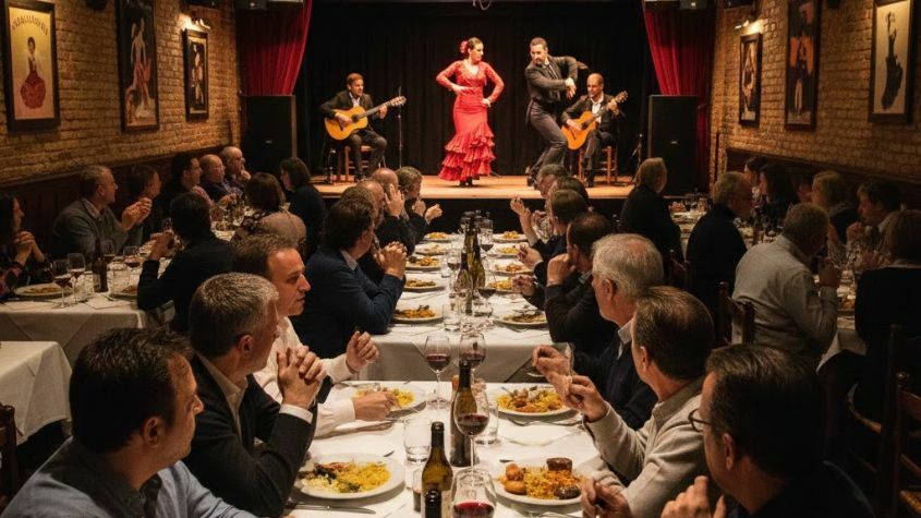 Pessoas a participarem num jantar e a assistirem a um espetáculo de flamenco