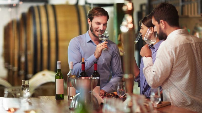Turistas em prova de vinhos dentro de Caves