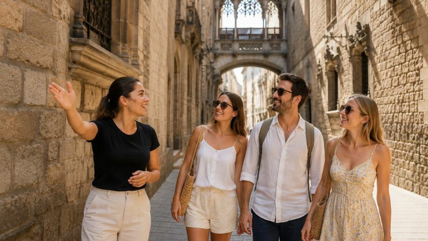 Guia com grupo de turistas a fazer tour privado pelo Bairro Histórico de Barcelona