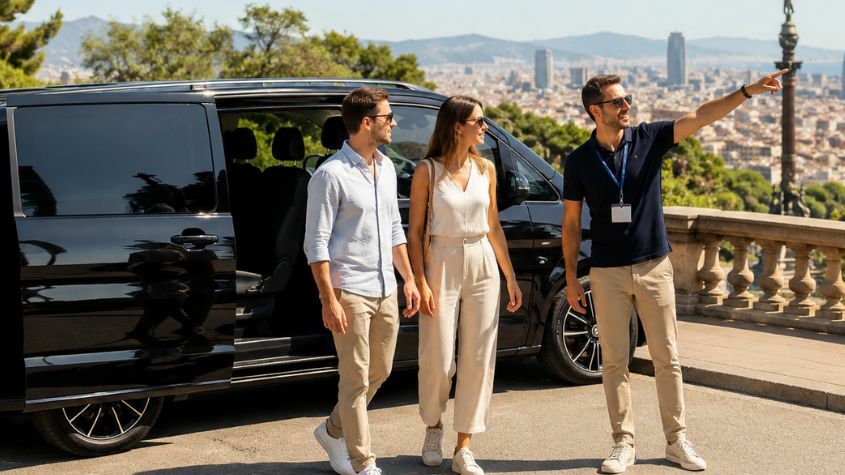 Guia com turistas e minivan atrás em miradouro em Barcelona