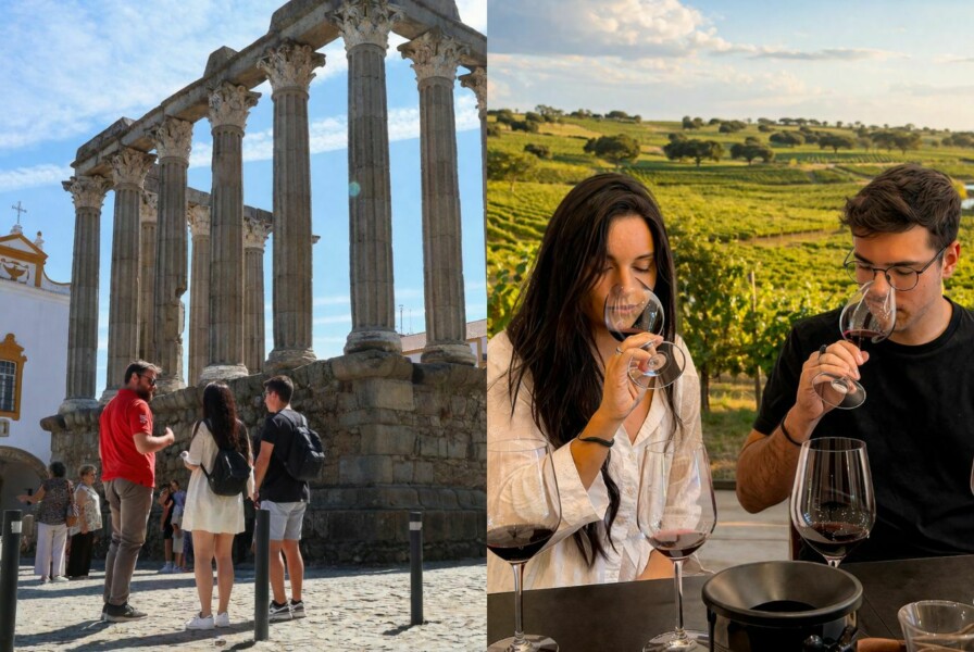 Guide de Living Tours avec des touristes à Évora et un couple participant à une dégustation de vins