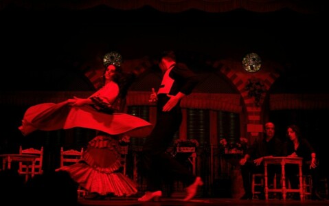 Dois dançarinos a dançarem flamenco num show à noite