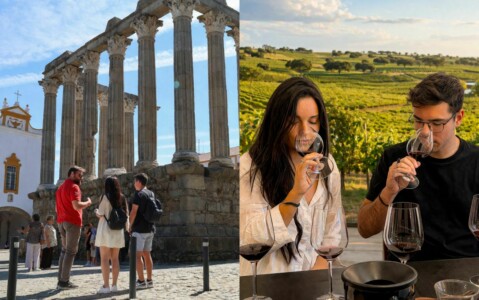 Guide de Living Tours avec des touristes à Évora et un couple participant à une dégustation de vins